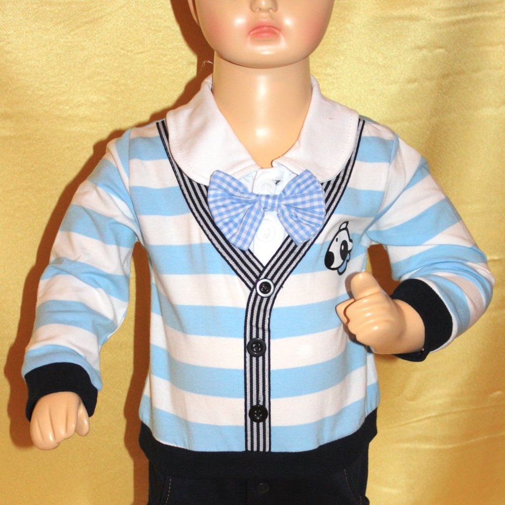 Blue and white onesie with a bow tie